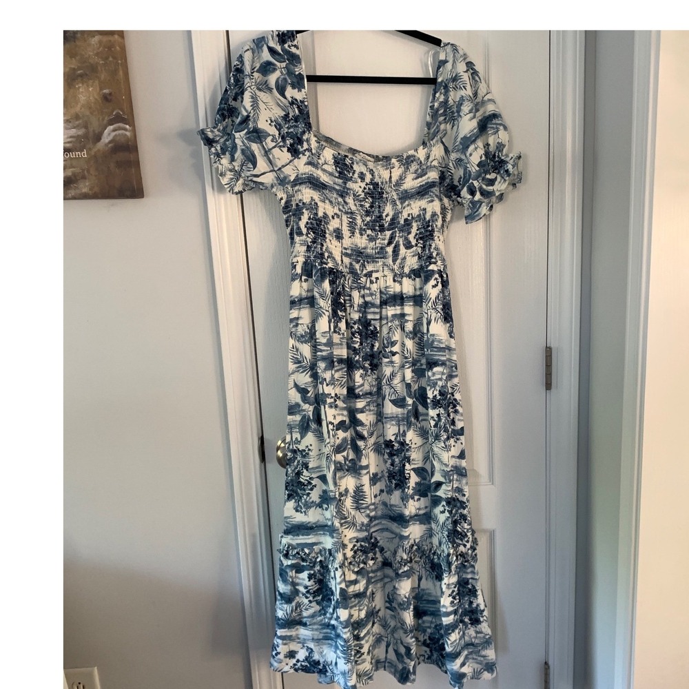 By the River Blue White Tropical Toile Smocked Puff Sleeve Midi‎ Dress Large